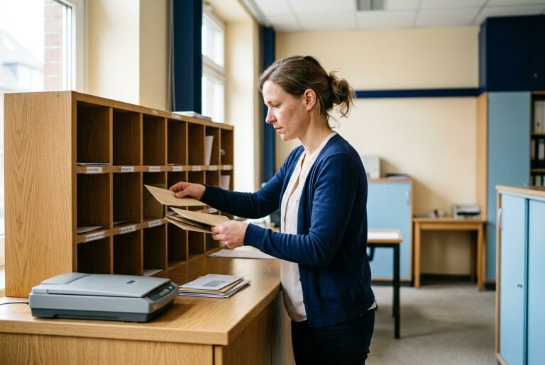 Mitarbeiterin sortiert Geschäftspost in Postfächer