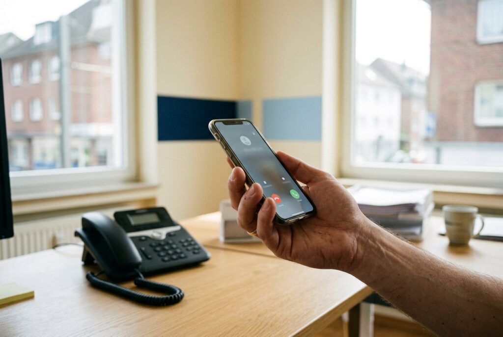 Eingehender Anruf auf dem Smartphone, Tischtelefon im Hintergrund