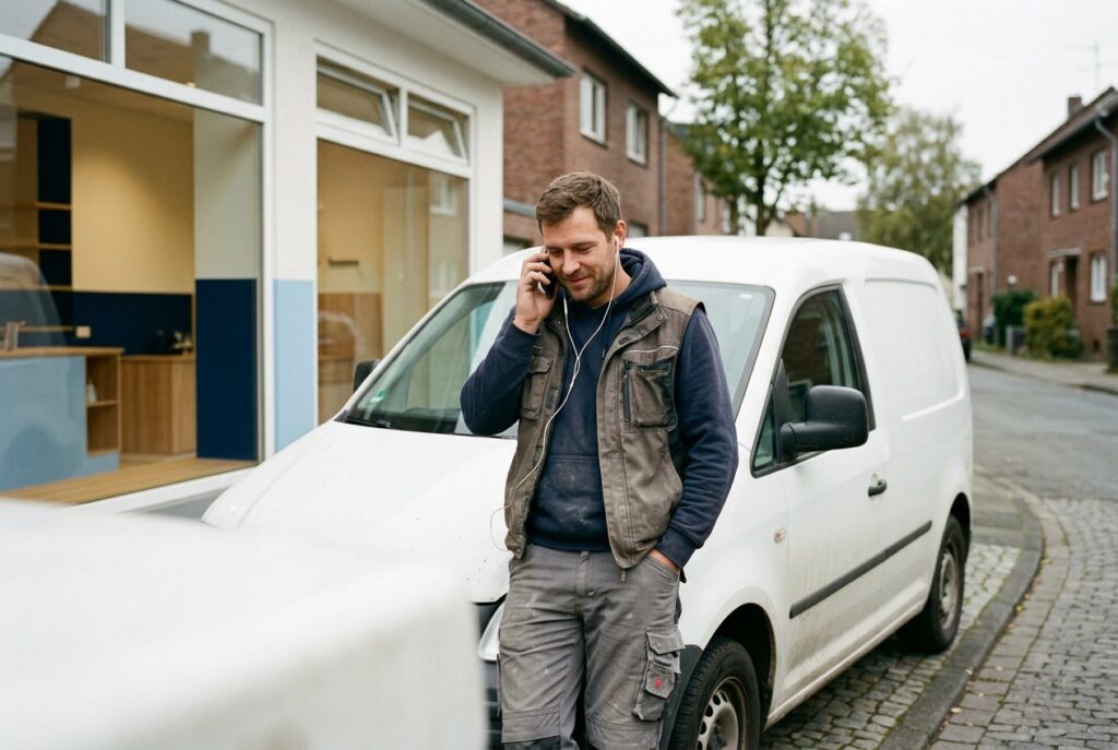 Handwerker nimmt unterwegs einen Anruf an