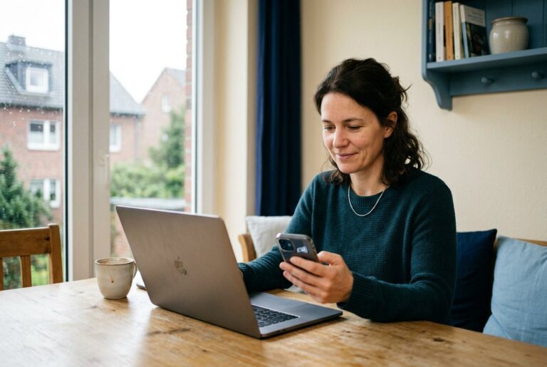 Selbstständige arbeitet am Küchentisch mit Laptop und Smartphone