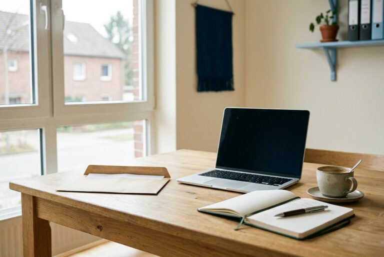 Geöffneter Geschäftsbrief neben Laptop